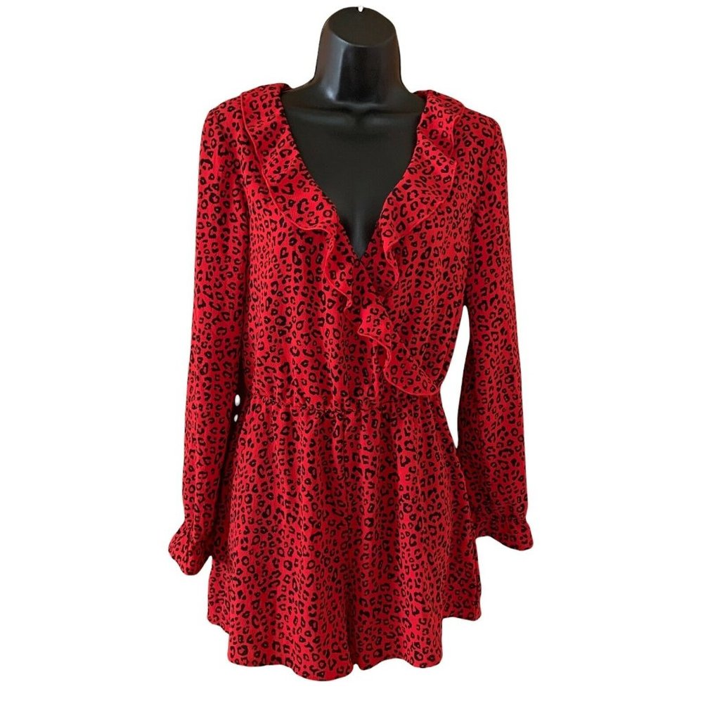 Divided H&M Red & Black Animal Print Romper Long Sleeve Wrap Ruffle Neck Size 0